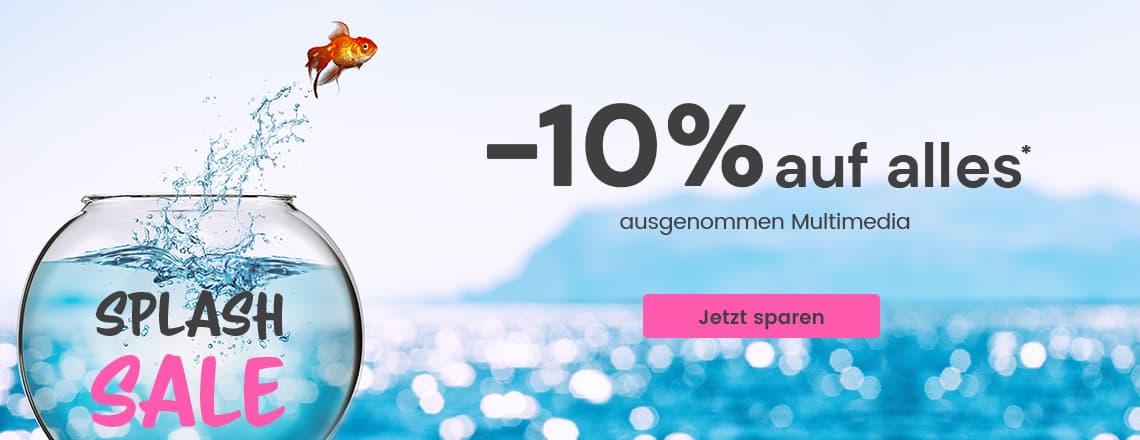 -10 % auf alles, ausgenommen Multimedia – Goldfisch springt aus Wasserglas mit Aufschrift Splash Sale vor Meereshintergrund