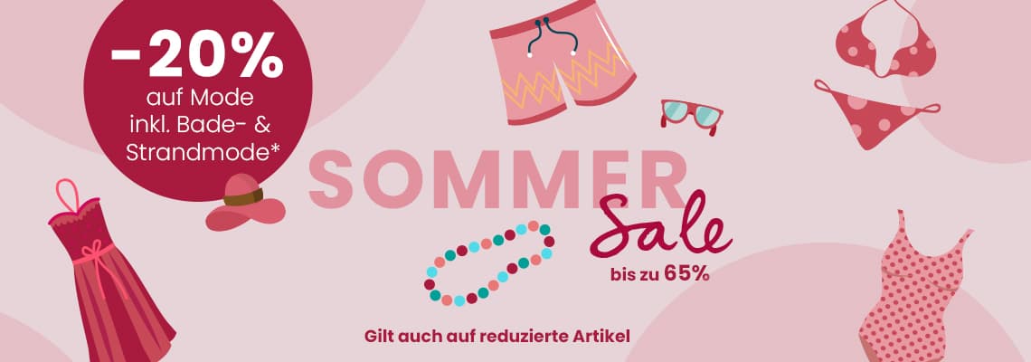 -20 % auf Mode inkl. Bade- und Strandmode – Sommer Sale bis zu 65 %, Illustration mit Kleid, Bikini, Badeanzug und Shorts