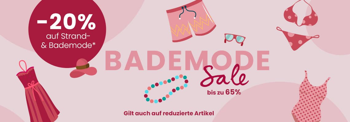 -20 % auf Strand- und Bademode – Bademode Sale bis zu 65 %, gezeichnete Badeanzüge, Bikini, Shorts und Accessoires