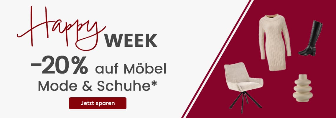 Happy Week – 20 % auf Möbel, Mode und Schuhe, daneben Kleid, Stiefel, Sessel und Vase auf rotem Hintergrund