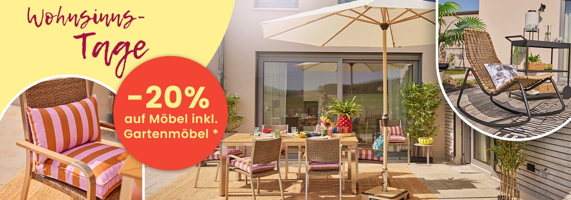 Wohnsinns-Tage – 20 % auf Möbel inkl. Gartenmöbel, gedeckter Gartentisch mit Stühlen und Sonnenschirm auf Terrasse
