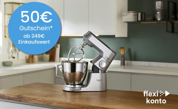 50€ Gutschein ab 249€ Einkaufswert – Küchenmaschine mit Rührschüssel auf Holzarbeitsplatte in moderner Küche
