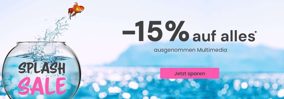 -15 % auf alles, ausgenommen Multimedia – Goldfisch springt aus Wasserschale mit Schriftzug Splash Sale vor Meereshintergrund