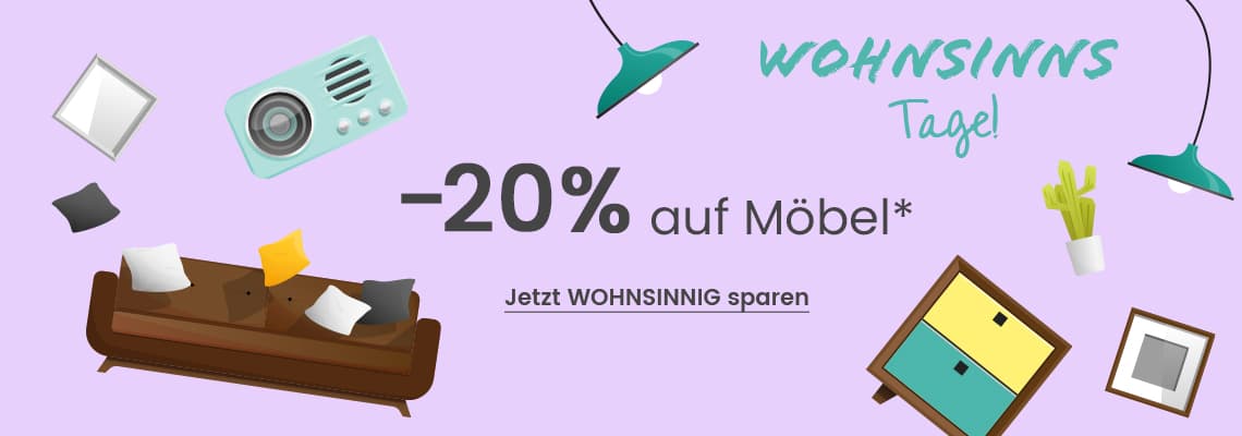 Wohnsinns Tage – 20 % auf Möbel – bunte Illustration mit Sofa, Kissen, Lampen, Radio und Schrank