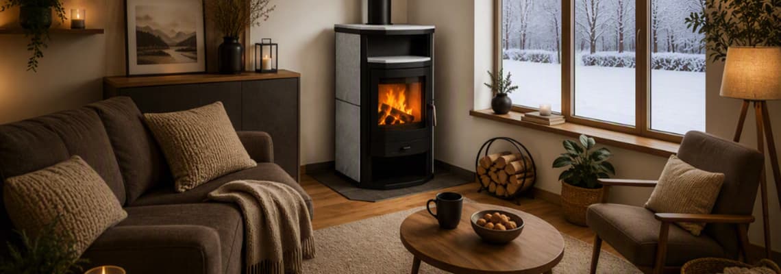 Wohnzimmer mit Sofa und Sessel, Kamin mit Feuer, Holzkorb und Blick auf verschneite Bäume durch großes Fenster