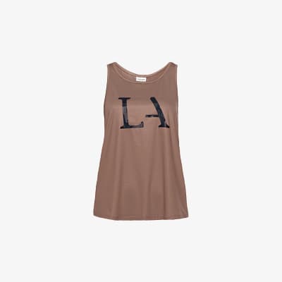 Braunes ärmelloses Top mit großem schwarzen LA-Schriftzug vorne