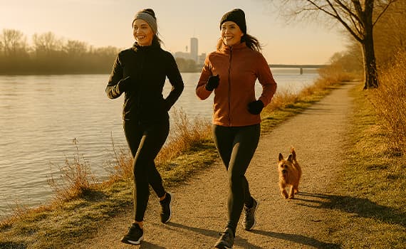 Zwei Personen joggen am Flussufer, begleitet von einem kleinen Hund.
