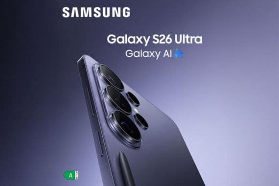 Samsung Galaxy S26 Ultra Galaxy AI – Smartphone mit mehreren Kameralinsen und Stift auf violettem Hintergrund